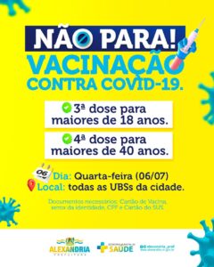 Read more about the article A Prefeitura de Alexandria, através da Secretaria Municipal de Saúde, segue a campanha de vacinação contra COVID-19 em nosso município.