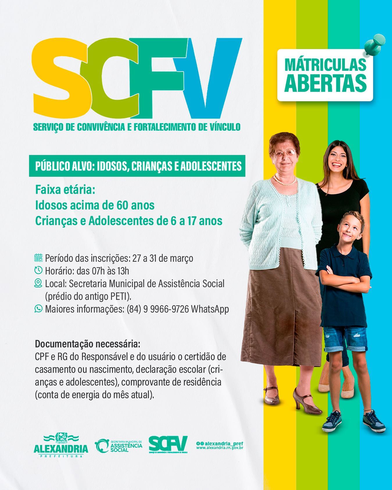 O Serviço de Convivência e Fortalecimento de Vínculos – SCFV, abre matrículas destinadas a crianças, adolescentes e idosos, para o ano 2023. 